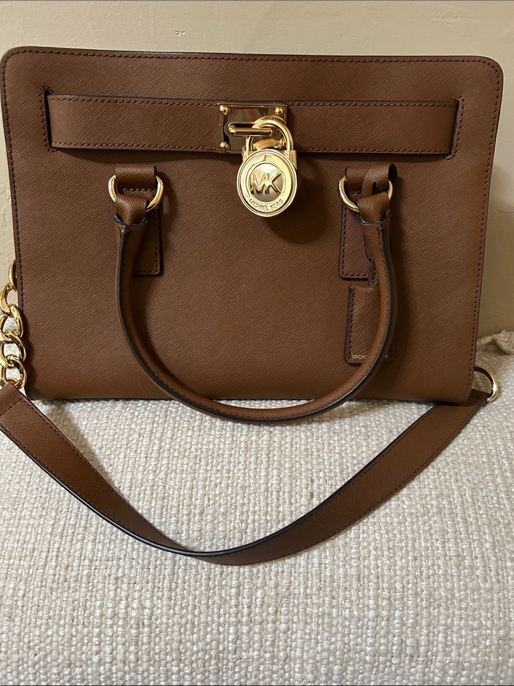 Michael Kors Brown Saffiano Satchel with Gold Hardware